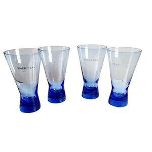 Set Of 4 Martell Cognac Etched Cobalt Blue Cocktail Glasses 9oz Von Pok